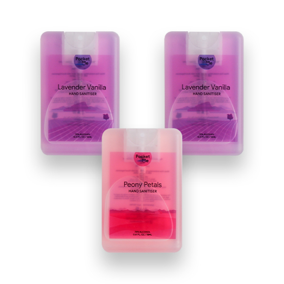 Pocket Me Hand Sanitizer Spray - 2 x  Lavender Vanilla 18ml + 1 x Peony Petals 18ml